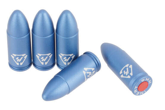 Strike Industries aluminum 9mm dummy rounds with blue finish, five per pack.